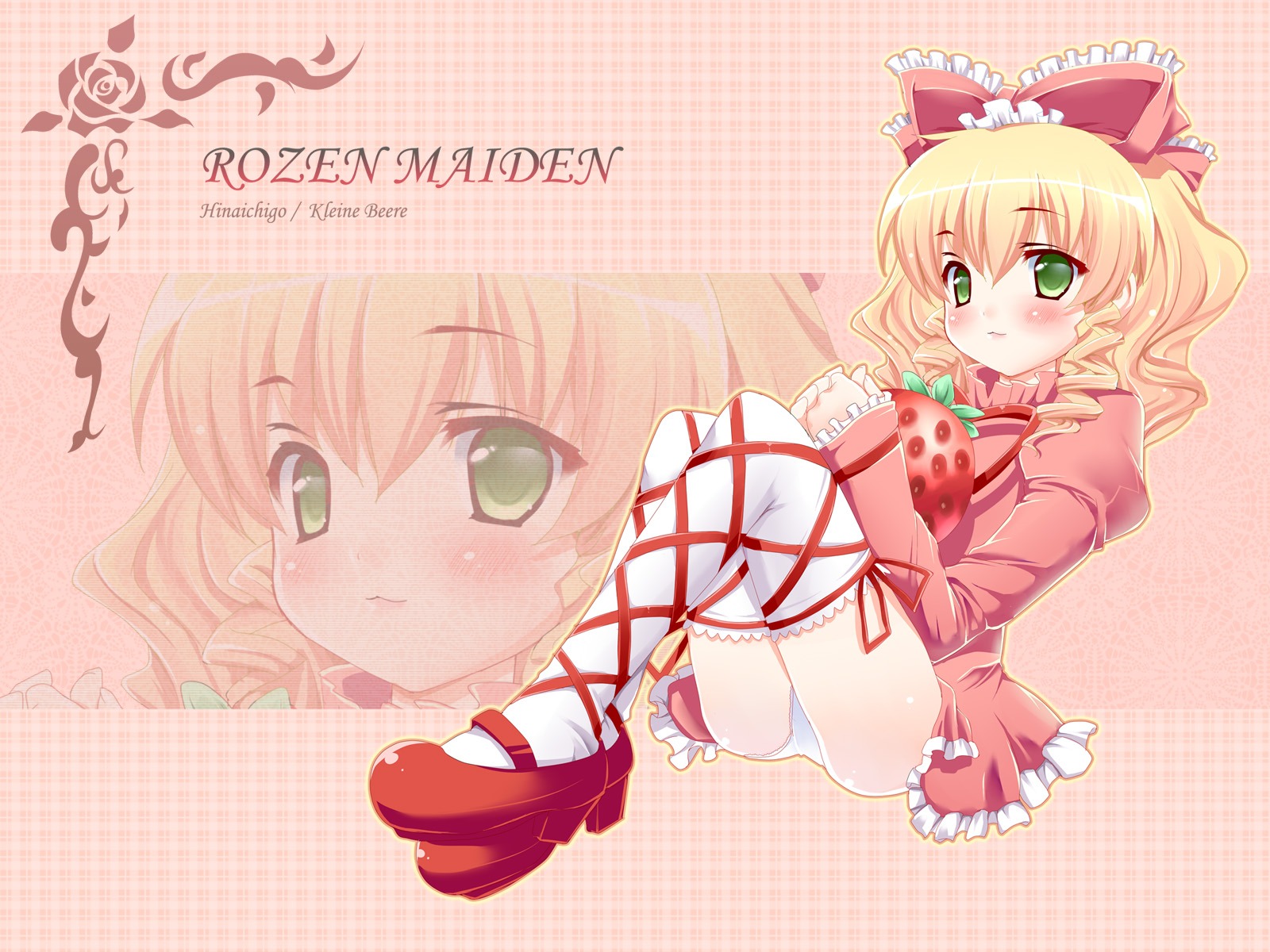 1girl argyle argyle_background auto_tagged blonde_hair blush bow checkered checkered_background checkered_floor dress drill_hair frills fruit green_eyes halftone_background hina_ichigo hinaichigo image mary_janes pink_bow plaid_background polka_dot polka_dot_background red_dress shoes sitting solo thighhighs tile_floor tiles underwear valentine white_legwear white_panties zoom_layer
