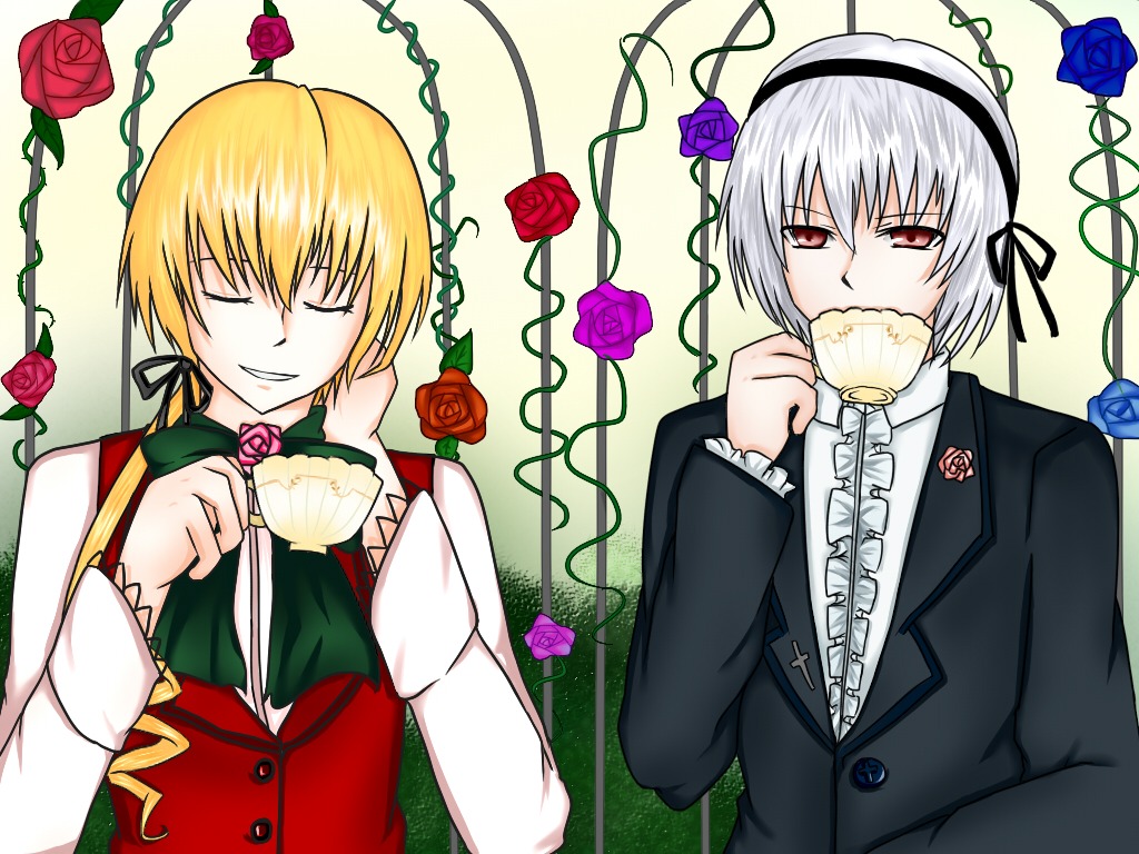 2boys blonde_hair blue_flower blue_rose closed_eyes flower image multiple_boys pair purple_flower purple_rose red_flower red_rose rose shinku suigintou thorns vines yellow_flower yellow_rose