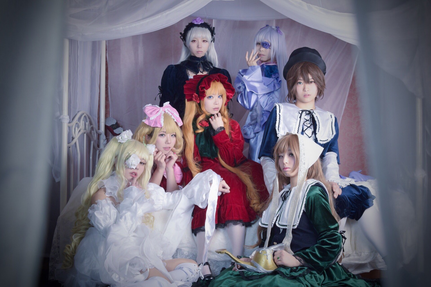 6+girls blonde_hair blue_eyes brown_hair dress hair_ornament hat long_hair multiple_boys multiple_cosplay multiple_girls silver_hair sitting tagme
