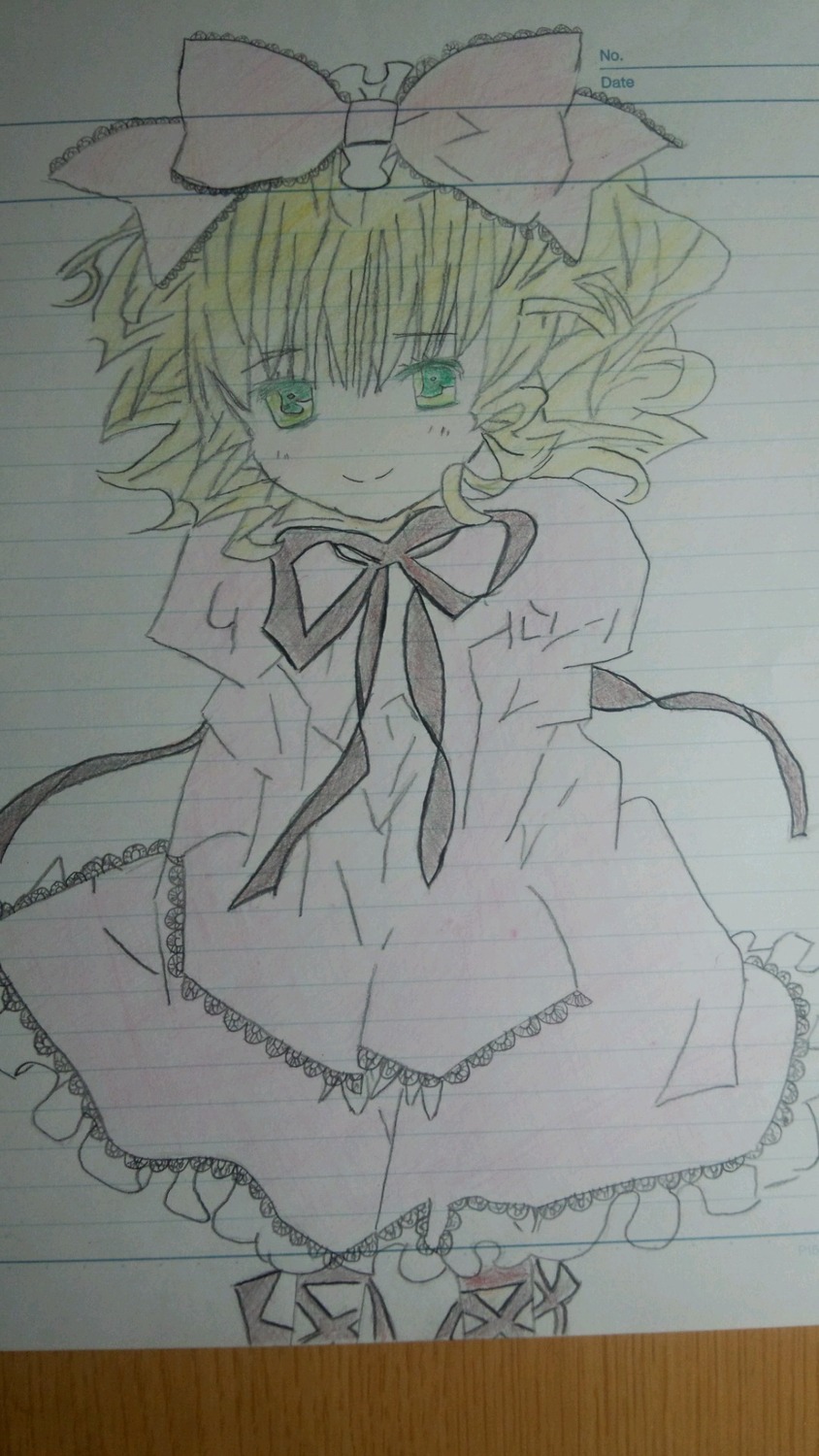 1girl 86800 bow green_eyes hair_bow hinaichigo image looking_at_viewer short_hair skirt smile solo traditional_media