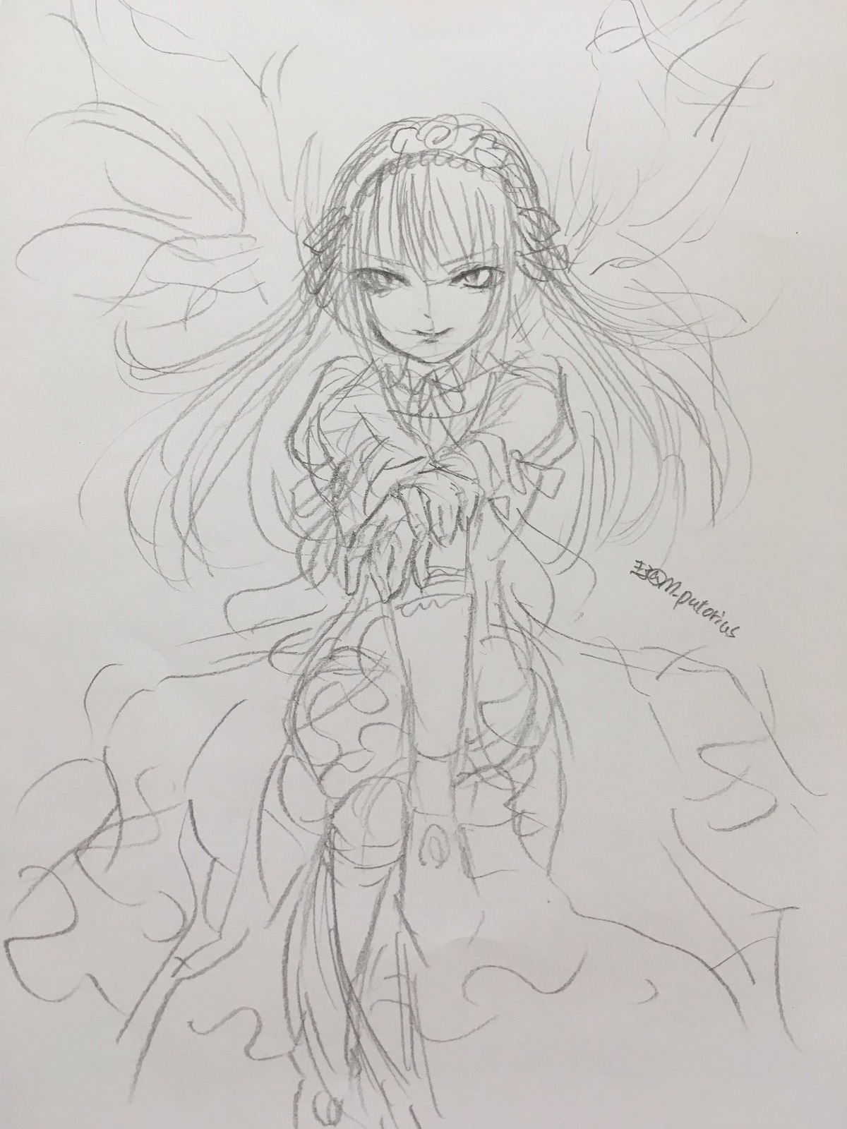 1girl akemi_homura bow dress elbow_gloves evil_smile flower gloves greyscale hairband image long_hair looking_at_viewer monochrome simple_background sketch smile solo suigintou traditional_media