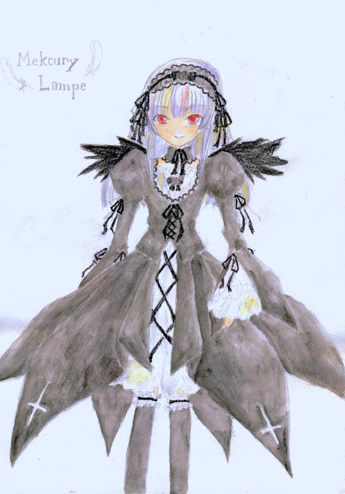 1girl bangs black_dress black_ribbon black_wings blue_background dress frilled_sleeves frills hairband image long_hair long_sleeves looking_at_viewer red_eyes ribbon smile solo standing suigintou wings