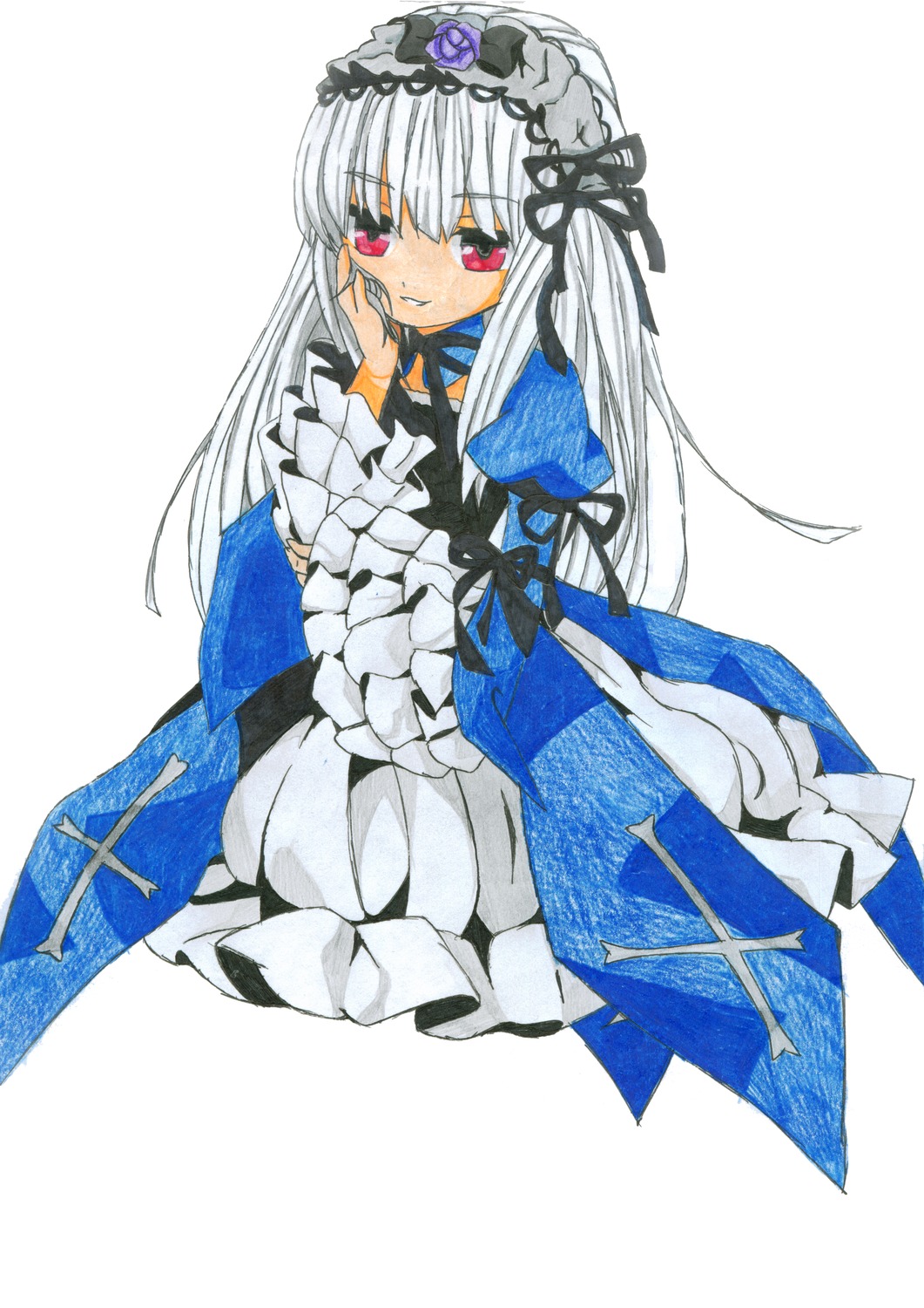 1girl dress flower frilled_sleeves frills hairband image long_hair long_sleeves looking_at_viewer pink_eyes red_eyes rose silver_hair simple_background smile solo suigintou traditional_media white_background wide_sleeves wings