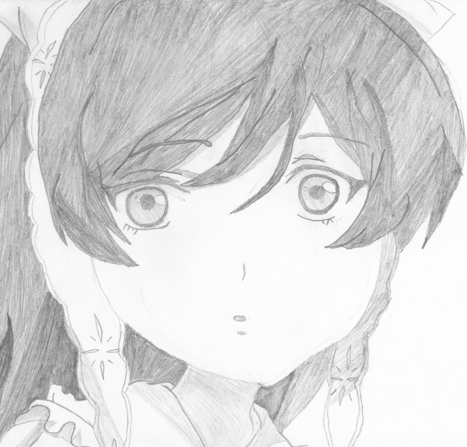 1girl blush braid face greyscale hair_between_eyes image looking_at_viewer monochrome portrait solo suiseiseki traditional_media