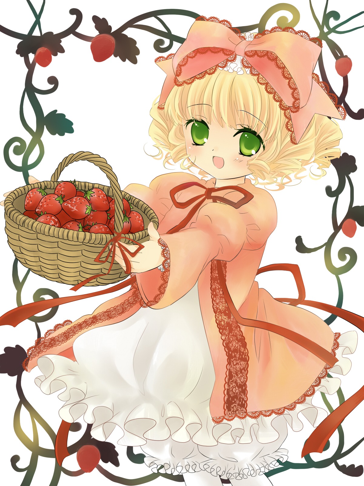 1girl apple basket blonde_hair bow cherry commentary_request curly_hair dress food frills fruit green_eyes hanabana_tsubomi highres hina_ichigo hinaichigo image object_namesake pink_bow ribbon rozen_maiden short_hair smile solo strawberry tail vines