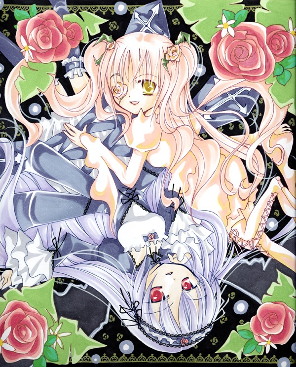 2girls black_rose blue_rose dress flower frills hairband image kirakishou long_hair long_sleeves multiple_girls pair pink_flower pink_hair pink_rose purple_flower purple_rose red_eyes red_flower red_rose rose rose_petals suigintou thorns traditional_media very_long_hair vines white_rose wings yellow_flower yellow_rose