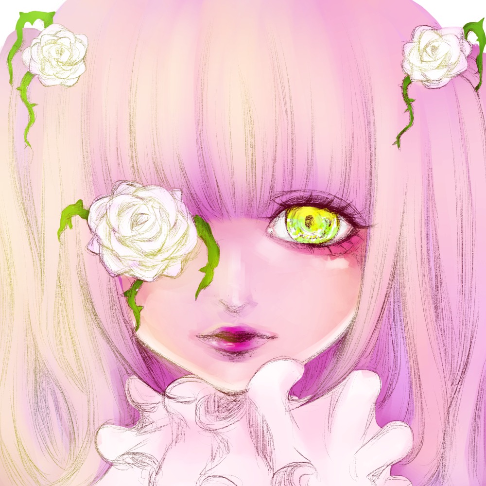 1girl bangs face flower hair_flower hair_ornament image kirakishou leaf long_hair looking_at_viewer pink_eyes pink_flower pink_hair pink_rose portrait rose solo white_flower white_rose yellow_eyes yellow_flower yellow_rose