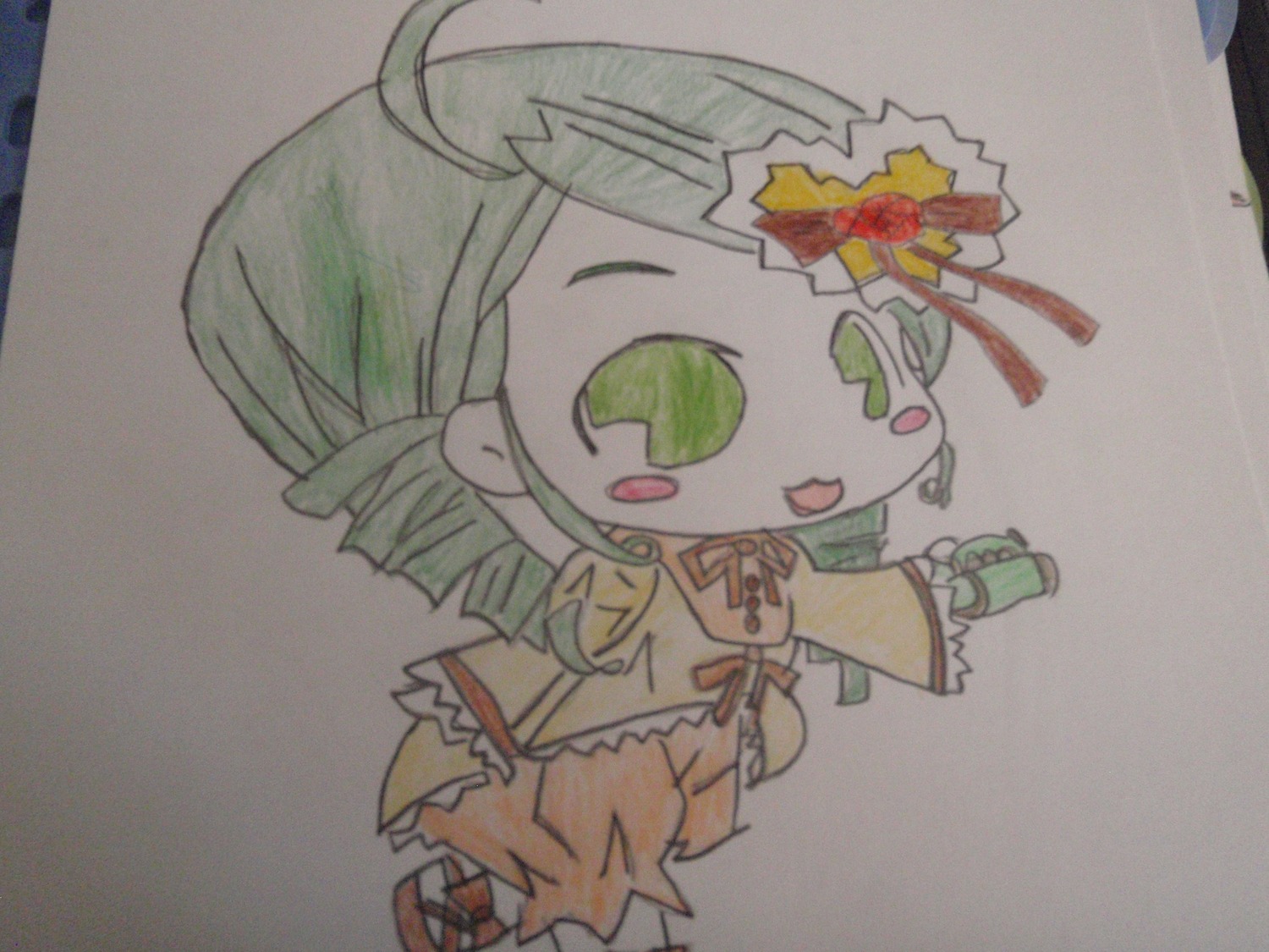 1girl :d blush blush_stickers flower full_body green_eyes green_hair grey_background hair_ornament image kanaria no_humans open_mouth photo simple_background smile solo standing traditional_media