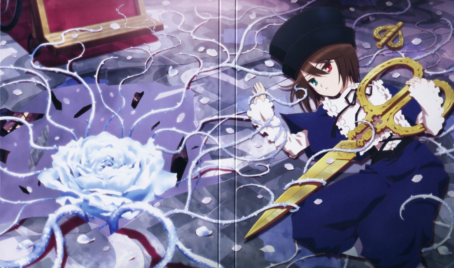 1girl black_headwear brown_hair dress flower hat heterochromia image long_sleeves red_eyes rose short_hair solo souseiseki suiseiseki top_hat
