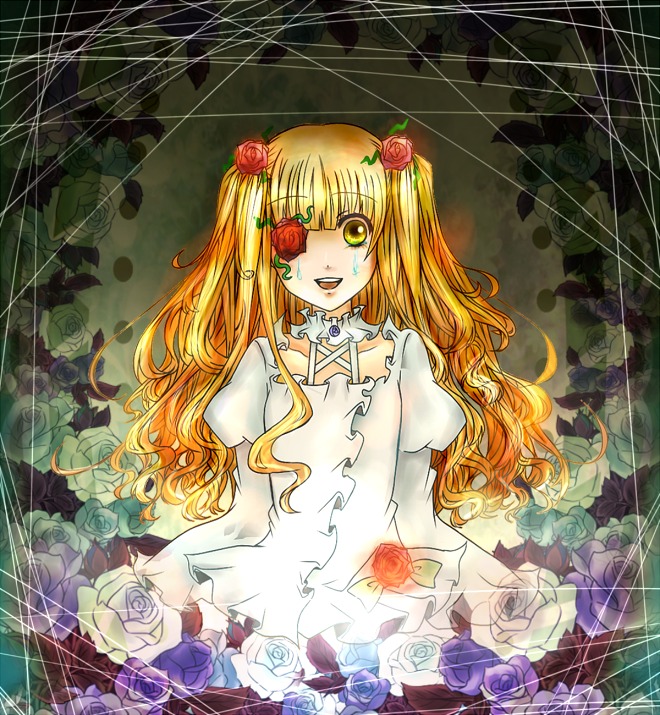 1girl black_rose blonde_hair blue_flower blue_rose dress eyepatch flower green_flower hair_ornament image kirakishou long_hair pink_flower pink_rose plant purple_flower purple_rose red_flower red_rose rose rose_petals solo thorns vines white_rose yellow_eyes yellow_flower yellow_rose