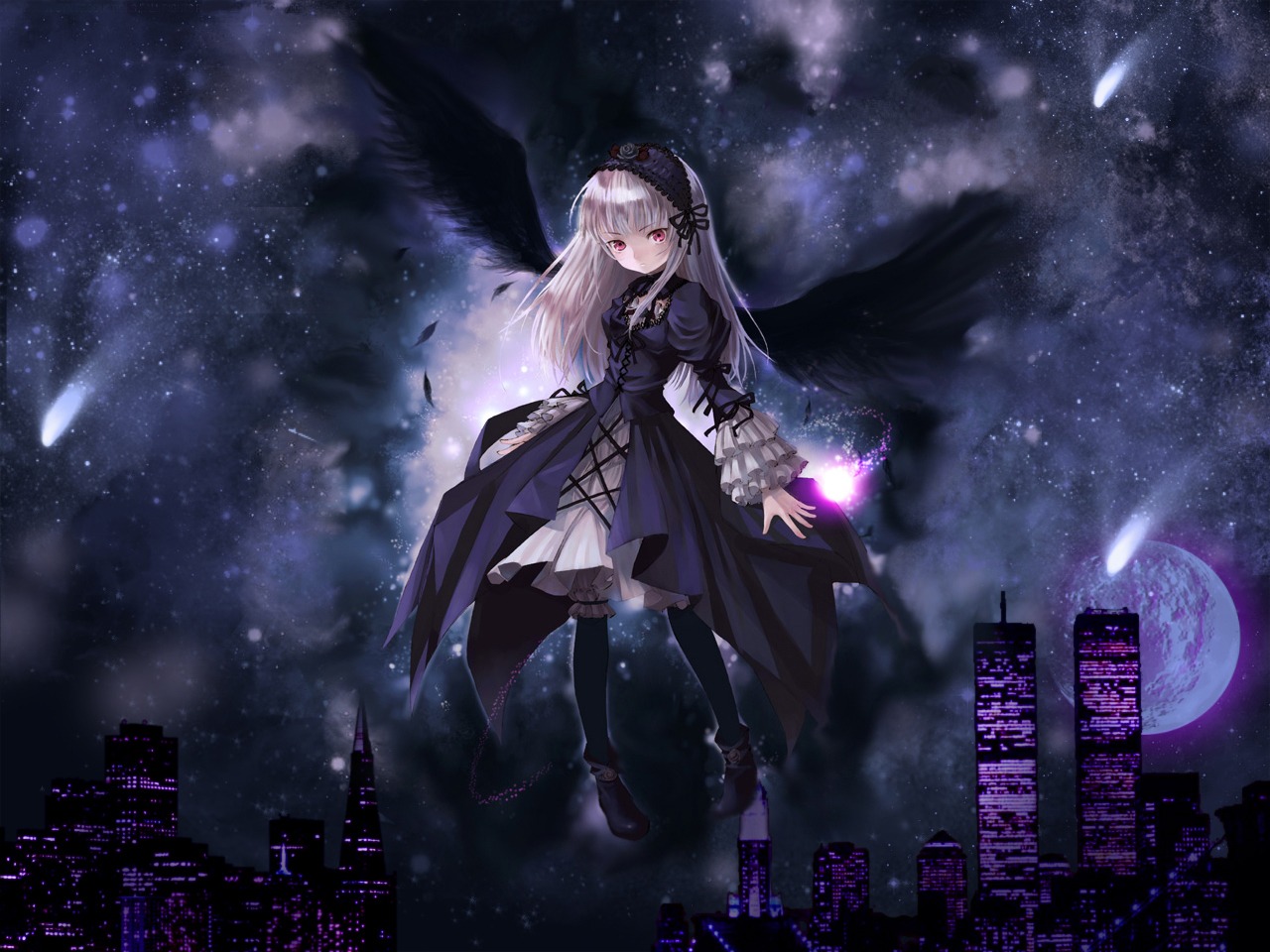 1girl auto_tagged black_legwear boots dress flower gothic gothic_lolita hairband image kishida_mel landmark lolita_fashion long_hair long_sleeves moon night night_sky photo_background photoshop_(medium) red_eyes rozen_maiden shooting_star sky solo star_(sky) starry_sky suigintou thighhighs twin_towers wings