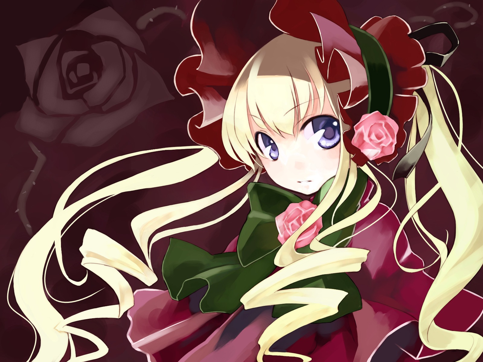 1girl bangs blonde_hair blue_eyes bonnet bow bowtie capelet dress drill_hair flower green_bow hat highres image long_hair long_sleeves looking_at_viewer pink_flower pink_rose red_capelet red_flower red_rose ribbon rose rozen_maiden shinku solo twintails ushiki_yoshitaka