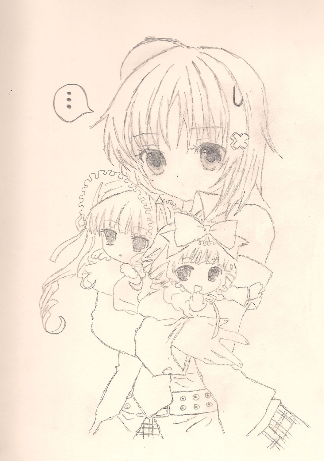 3girls ? auto_tagged blush bow dress hair_bow hinaichigo image long_sleeves looking_at_viewer minigirl monochrome multiple_girls open_mouth pair shinku short_hair simple_background spoken_question_mark