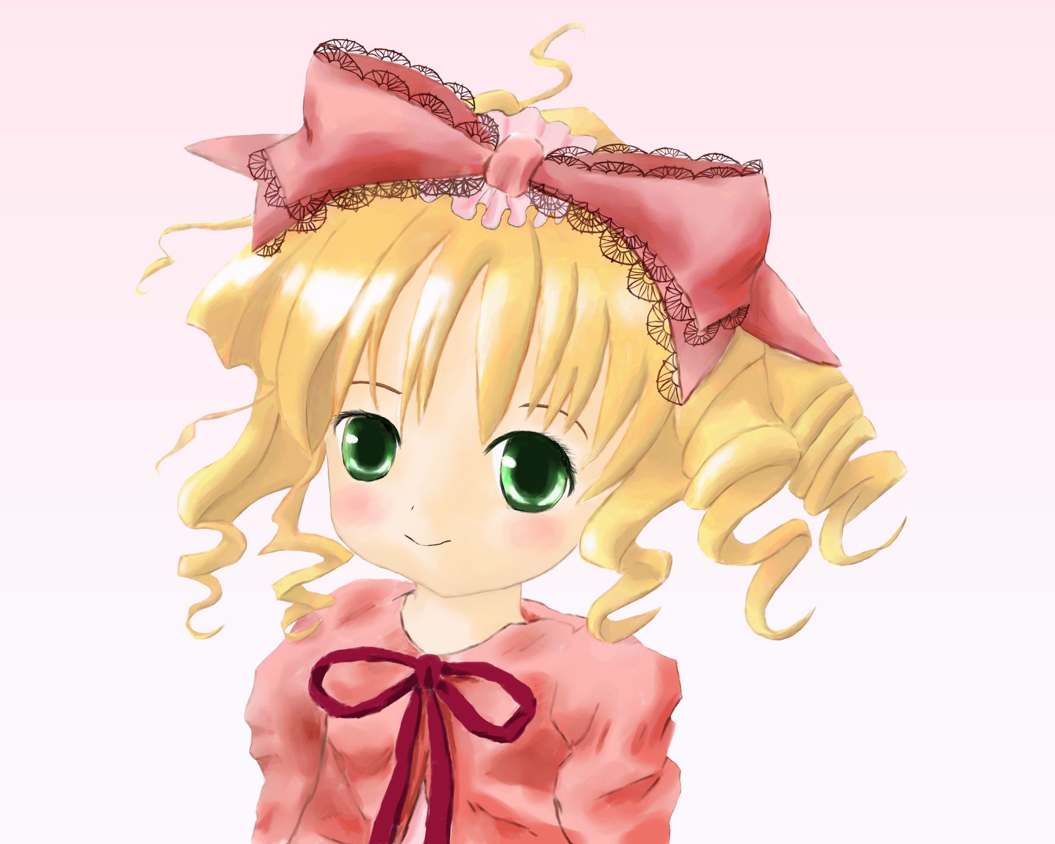 1girl auto_tagged blonde_hair blush bow dress drill_hair green_eyes hair_bow hina_ichigo hinaichigo image long_sleeves looking_at_viewer pink_background pink_bow ribbon smile solo striped striped_background upper_body vertical_stripes