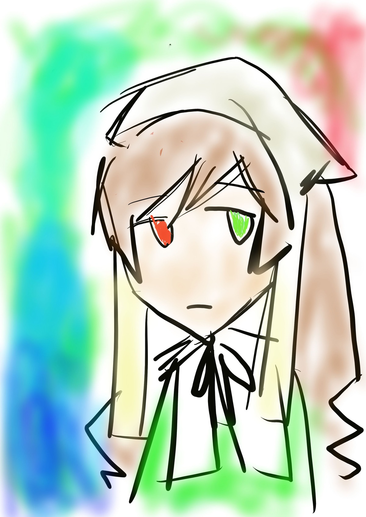 1girl :< animal_ears blonde_hair blurry blurry_background blush cat_ears depth_of_field green_eyes heterochromia image long_hair red_eyes ribbon solo suiseiseki