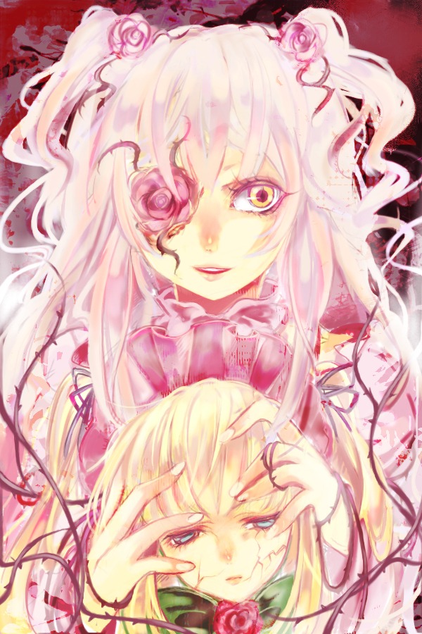 2girls blonde_hair eyepatch flower image kirakishou long_hair multiple_girls pair pink_flower pink_rose red_flower red_rose rose shinku smile thorns white_rose