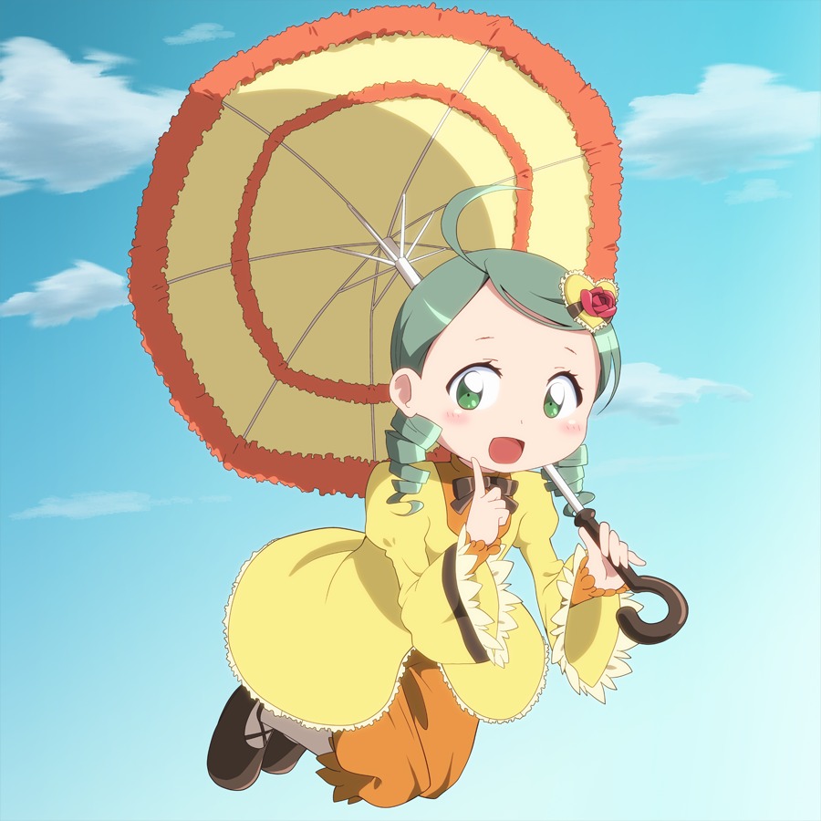 1girl blush cloud day flower green_eyes green_hair hair_ornament holding_umbrella image kanaria long_sleeves open_mouth parasol shoes sky smile solo umbrella