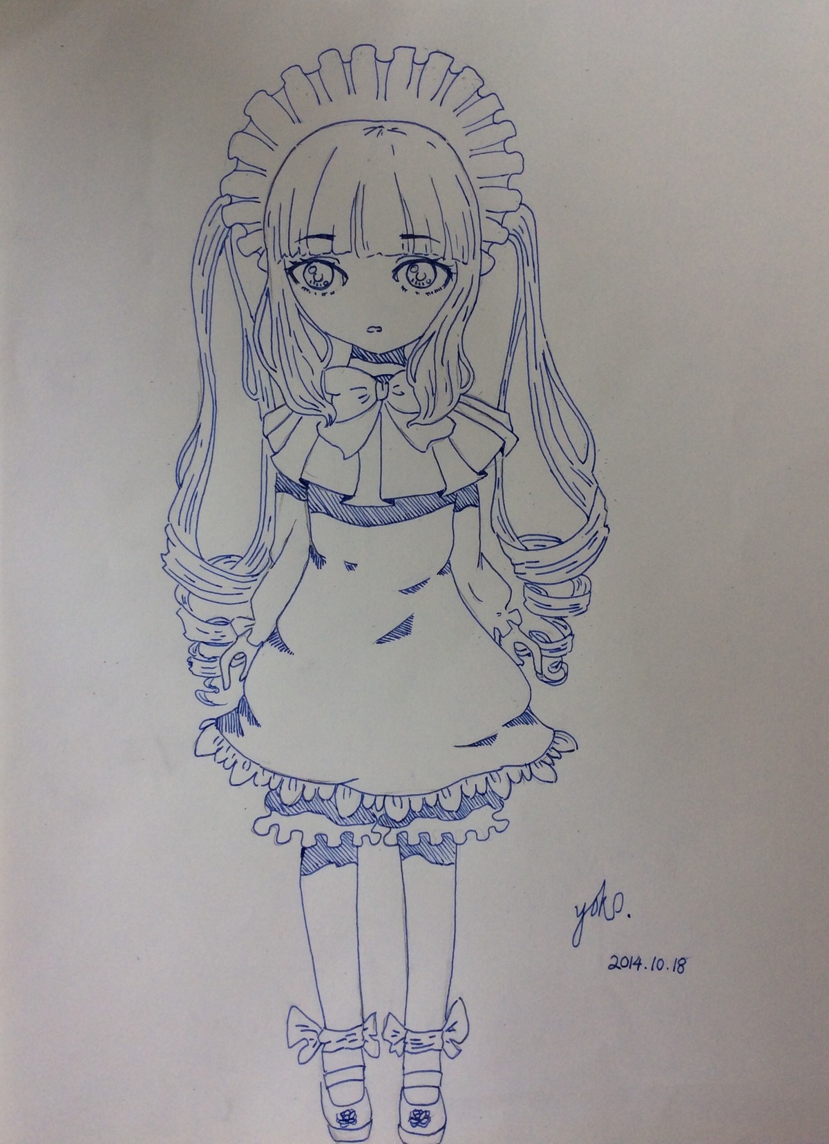 1girl bangs bow bowtie dress drill_hair eyebrows_visible_through_hair frills full_body image long_hair looking_at_viewer maid_headdress monochrome photo shinku signature solo standing traditional_media twin_drills