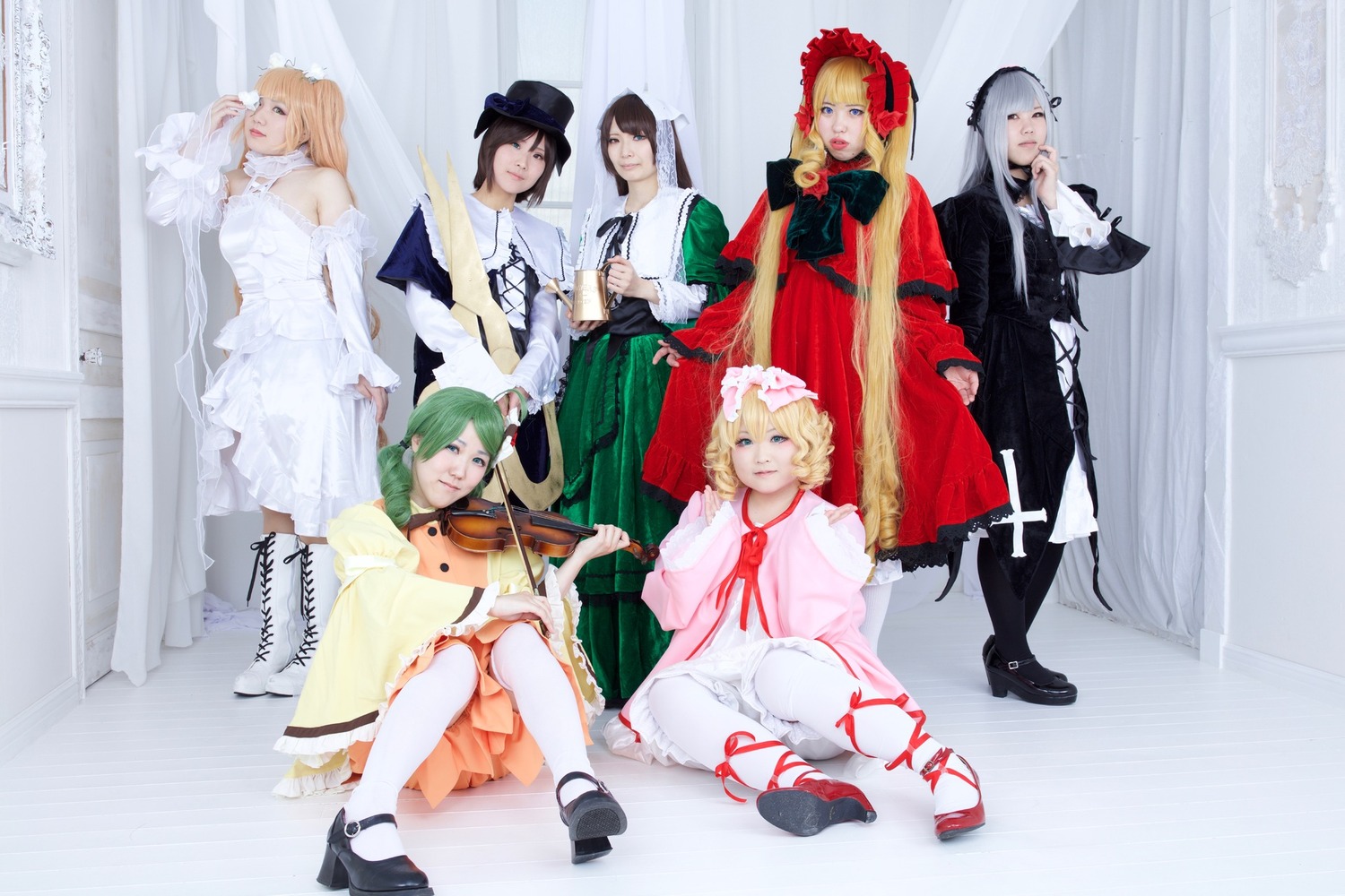 6+girls 91076 angel_wings black_hair blonde_hair blue_eyes bow brown_hair dress flower green_hair hair_ornament hat long_hair multiple_cosplay multiple_girls shinku short_hair suigintou tagme wings