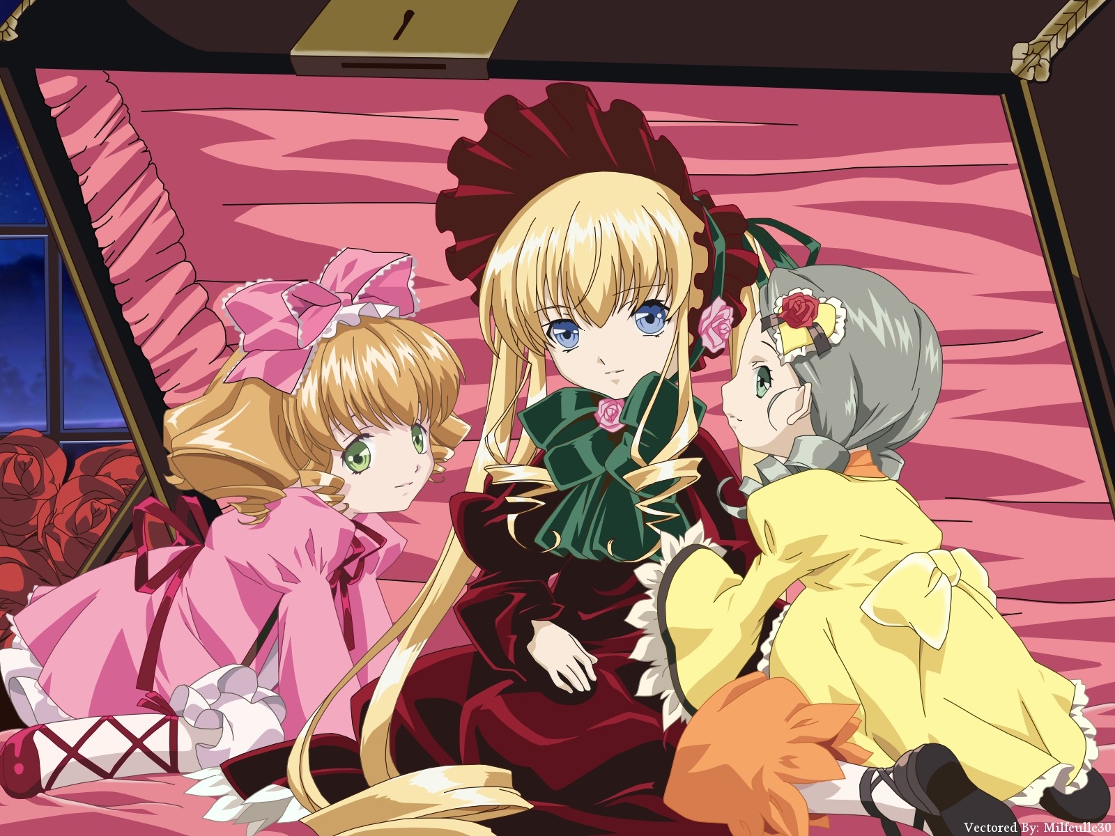 3girls ankle_ribbon black_footwear blonde_hair blue_eyes bow bowtie curtains dress drill_hair flower green_eyes hair_bow hat hina_ichigo image kanaria long_hair long_sleeves looking_at_viewer mary_janes multiple multiple_girls pink_bow pink_dress ribbon rose shinku shoes sitting smile tagme twin_drills twintails white_legwear