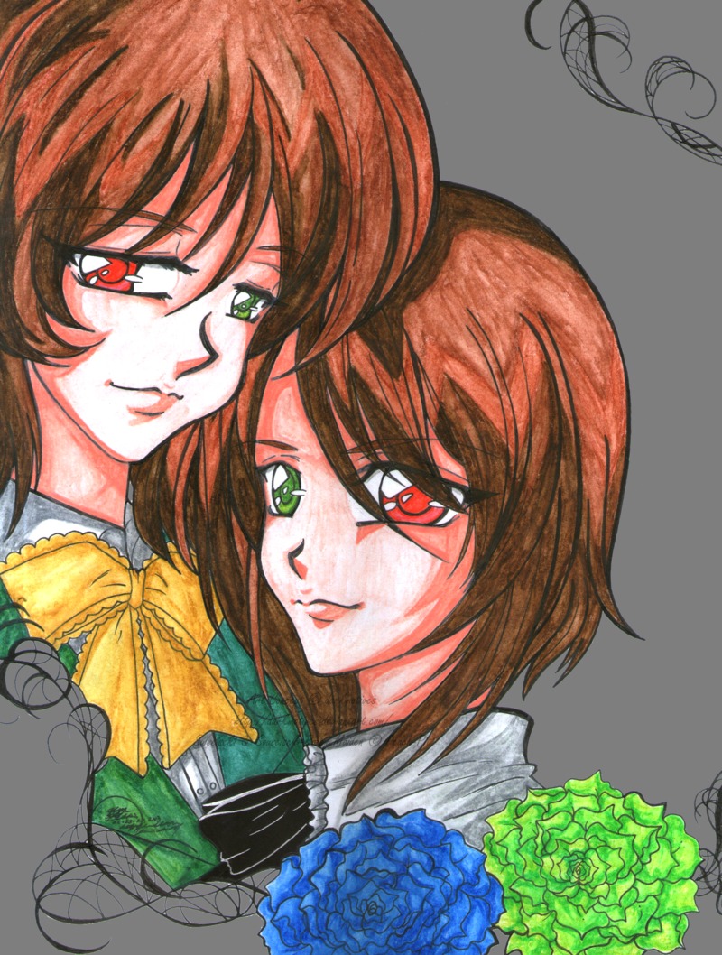 2girls bow brown_hair flower green_eyes heterochromia image looking_at_viewer multiple_girls pair red_eyes rose short_hair siblings sisters smile souseiseki suiseiseki twins