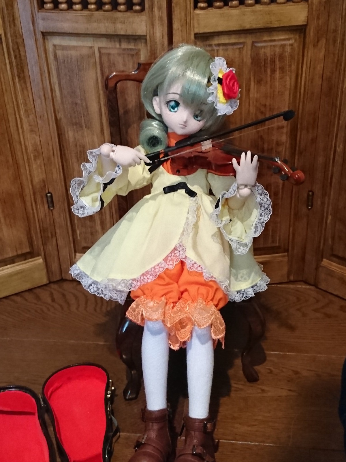 1girl boots bow_(instrument) doll dress flower frills hair_flower hair_ornament instrument kanaria solo standing violin white_legwear