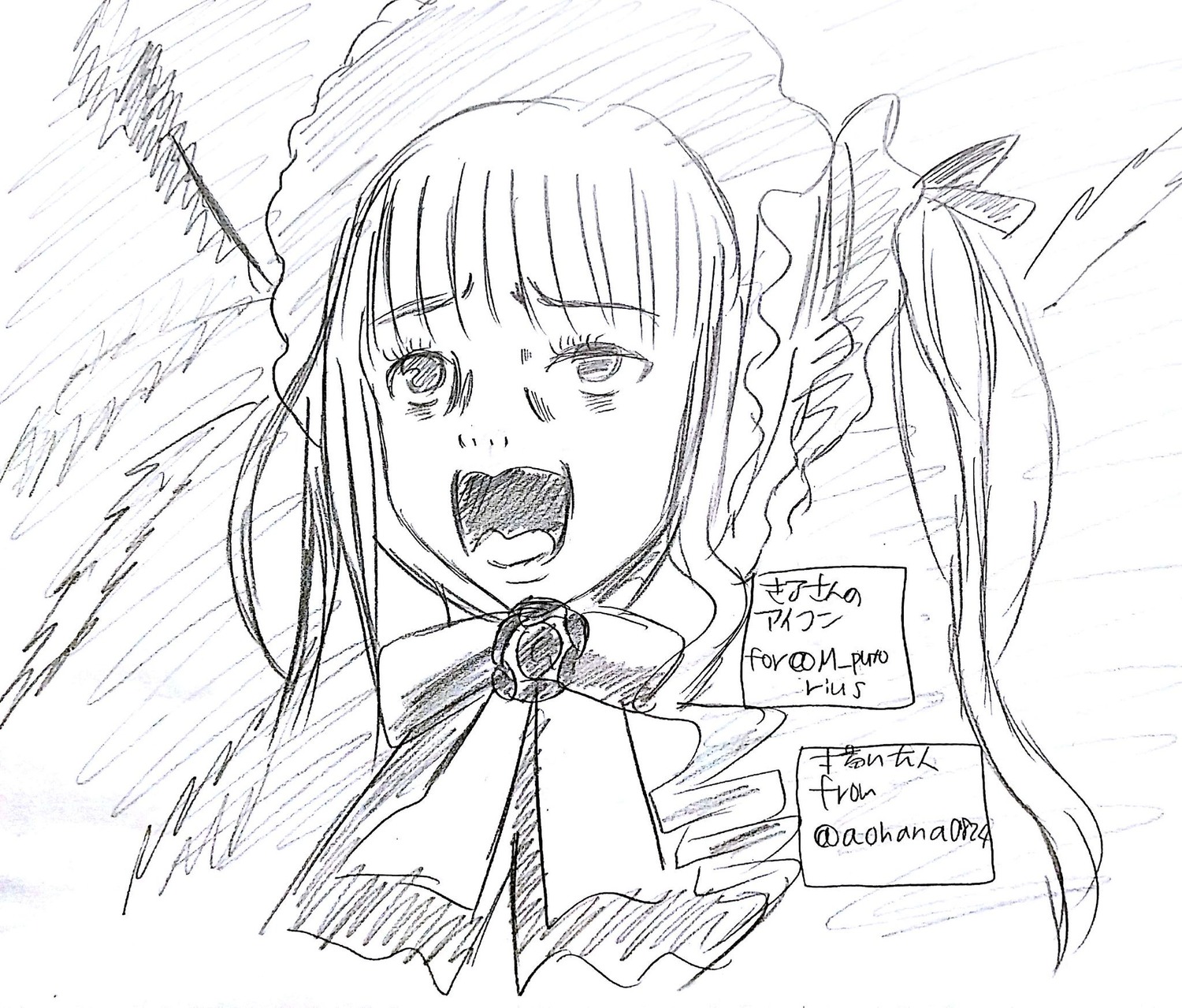 1girl bangs bowtie emphasis_lines english_text fangs greyscale image long_hair monochrome open_mouth ribbon shinku shouting solo