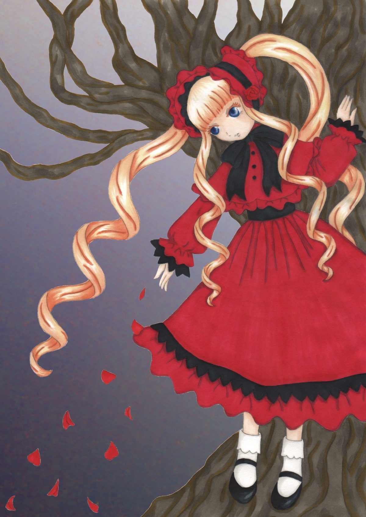 1girl black_footwear blonde_hair blue_eyes dress flower image long_hair long_sleeves mary_janes petals red_dress rose shinku shoes socks solo very_long_hair