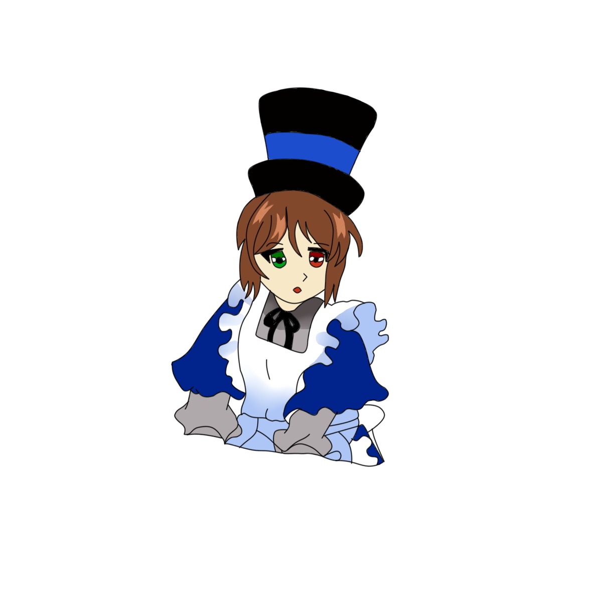 1girl :o bangs brown_hair dress green_eyes hat heterochromia image long_sleeves looking_at_viewer red_eyes short_hair simple_background solo souseiseki top_hat white_background