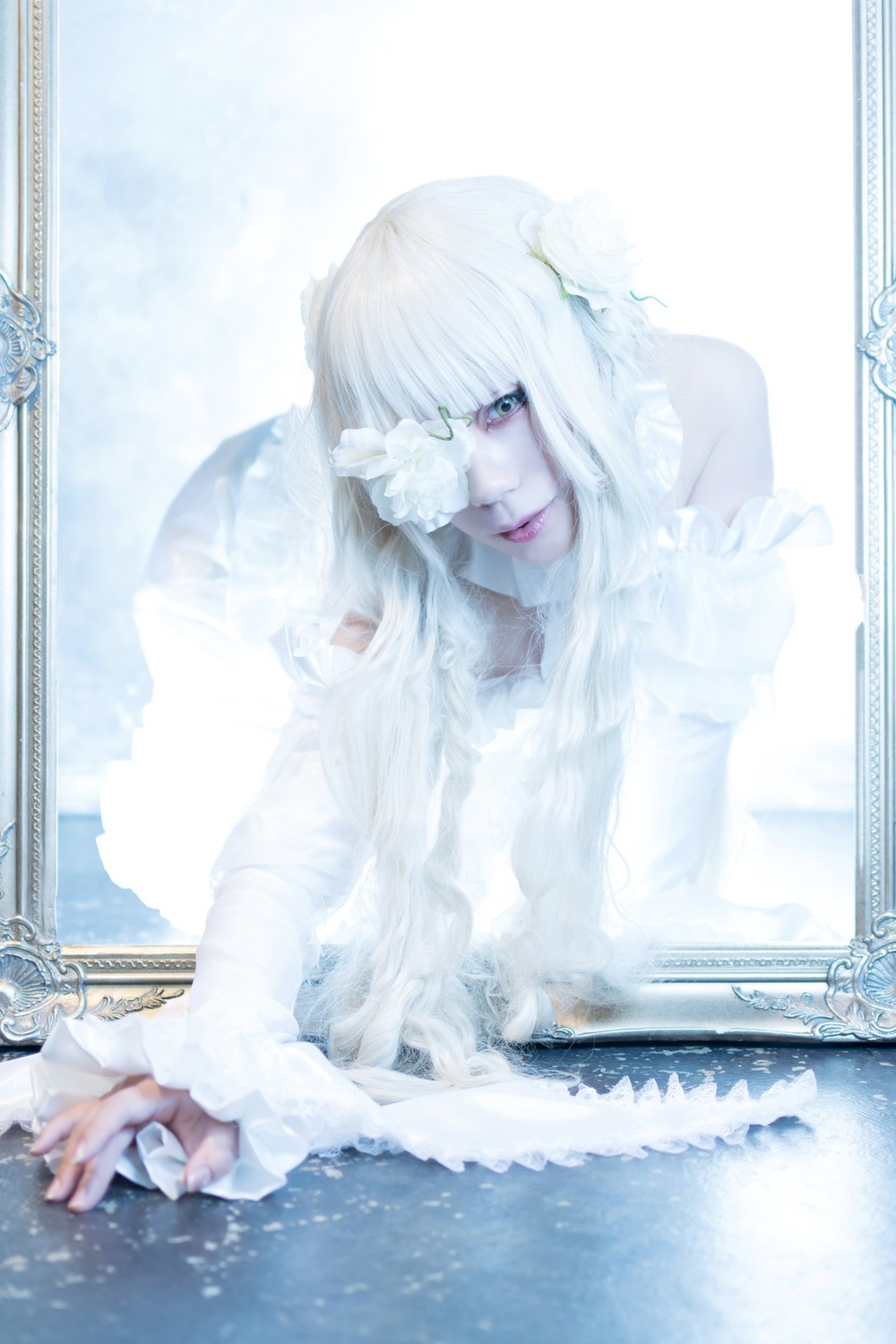 1girl blue_eyes eyepatch flower hair_ornament kirakishou lips solo striped vertical_stripes white_hair white_theme