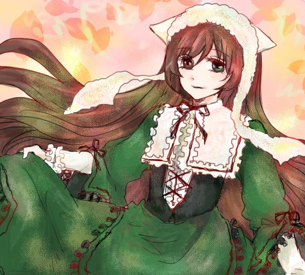 1girl black_ribbon brown_hair corset dress frills green_dress green_eyes head_scarf heterochromia image long_hair long_sleeves looking_at_viewer red_eyes ribbon solo suiseiseki very_long_hair