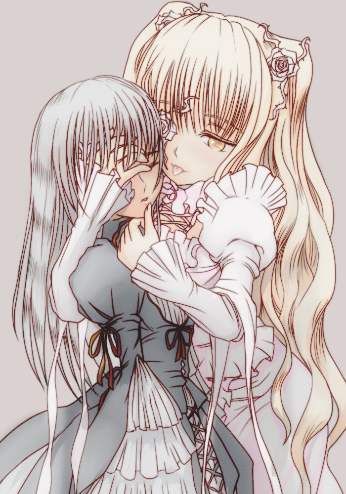 2girls blush commentary_request dress eyepatch flower frills hug image ishikkoro kirakishou long_hair long_sleeves multiple_girls pair photoshop_(medium) rose rozen_maiden silver_hair suigintou tongue very_long_hair white_hair yellow_eyes yuri