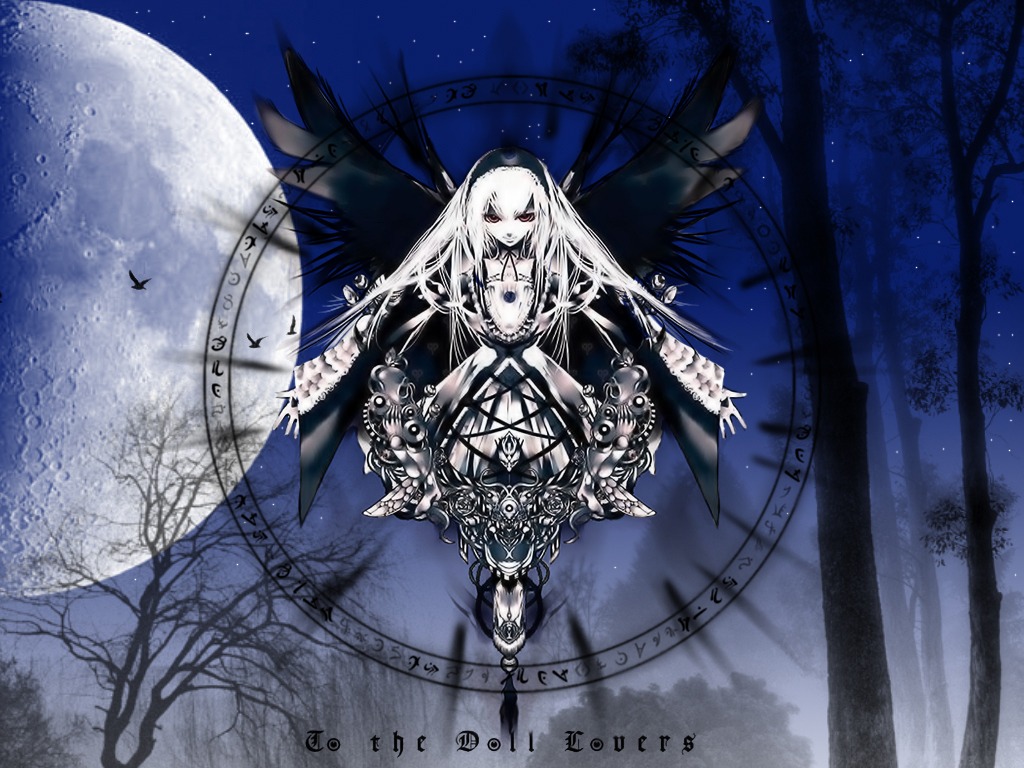 1girl flower hairband image long_hair moon night red_eyes rose sky solo suigintou tree white_hair wings