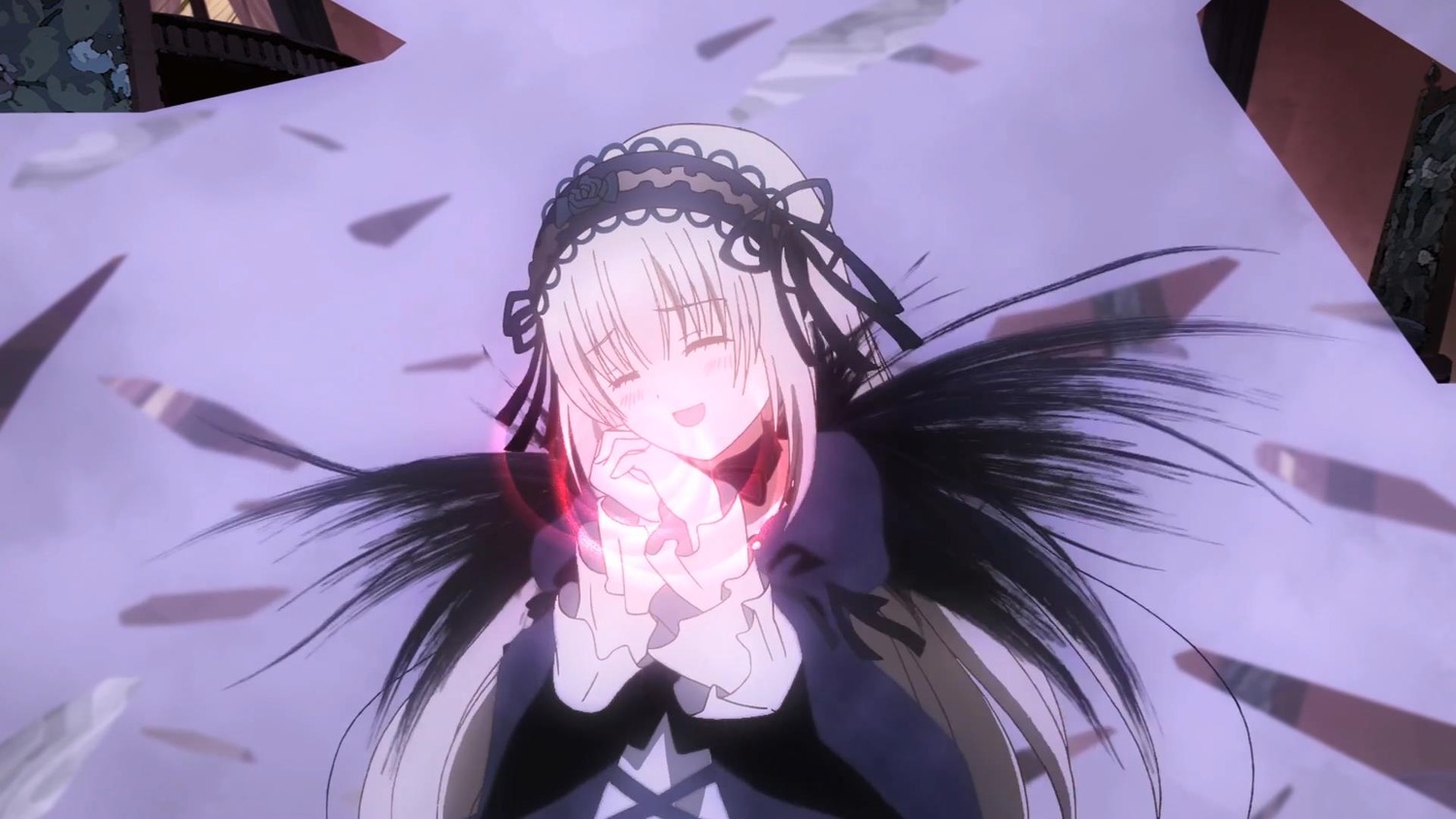1girl :d black_dress black_ribbon black_wings blush building closed_eyes dress frilled_sleeves frills hairband image long_hair long_sleeves open_mouth outdoors ribbon rose silver_hair sky smile solo suigintou very_long_hair wings