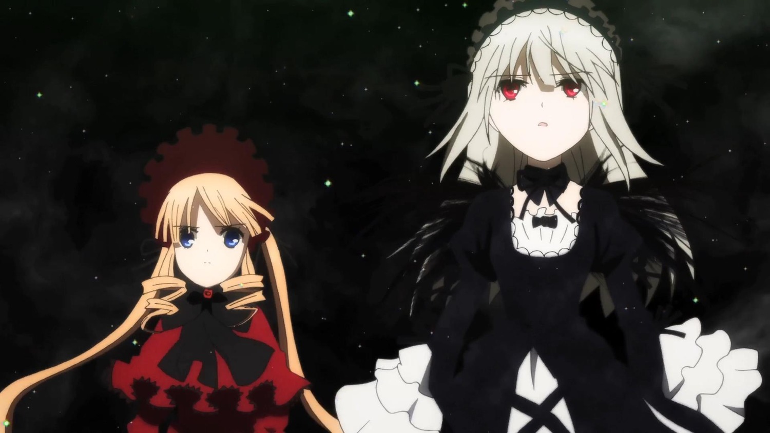 2girls blonde_hair blue_eyes dress gothic_lolita image lolita_fashion long_hair long_sleeves multiple_girls night night_sky pair red_eyes shinku sky star_(sky) starry_sky suigintou twintails