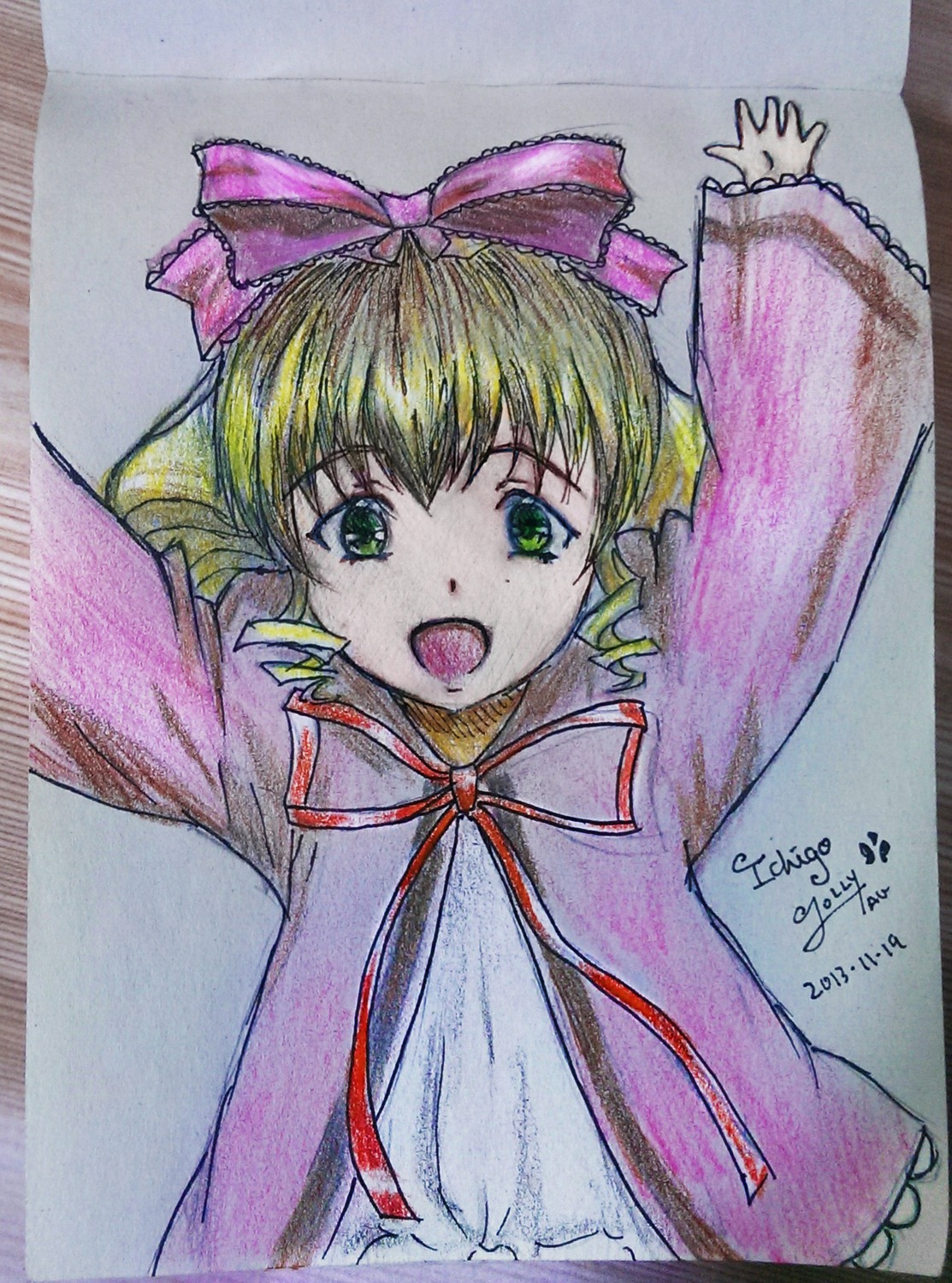 1girl :d blonde_hair bow dated dress drill_hair eyebrows_visible_through_hair green_eyes hair_bow hina_ichigo hinaichigo image looking_at_viewer open_mouth photo pink_bow short_hair smile solo traditional_media