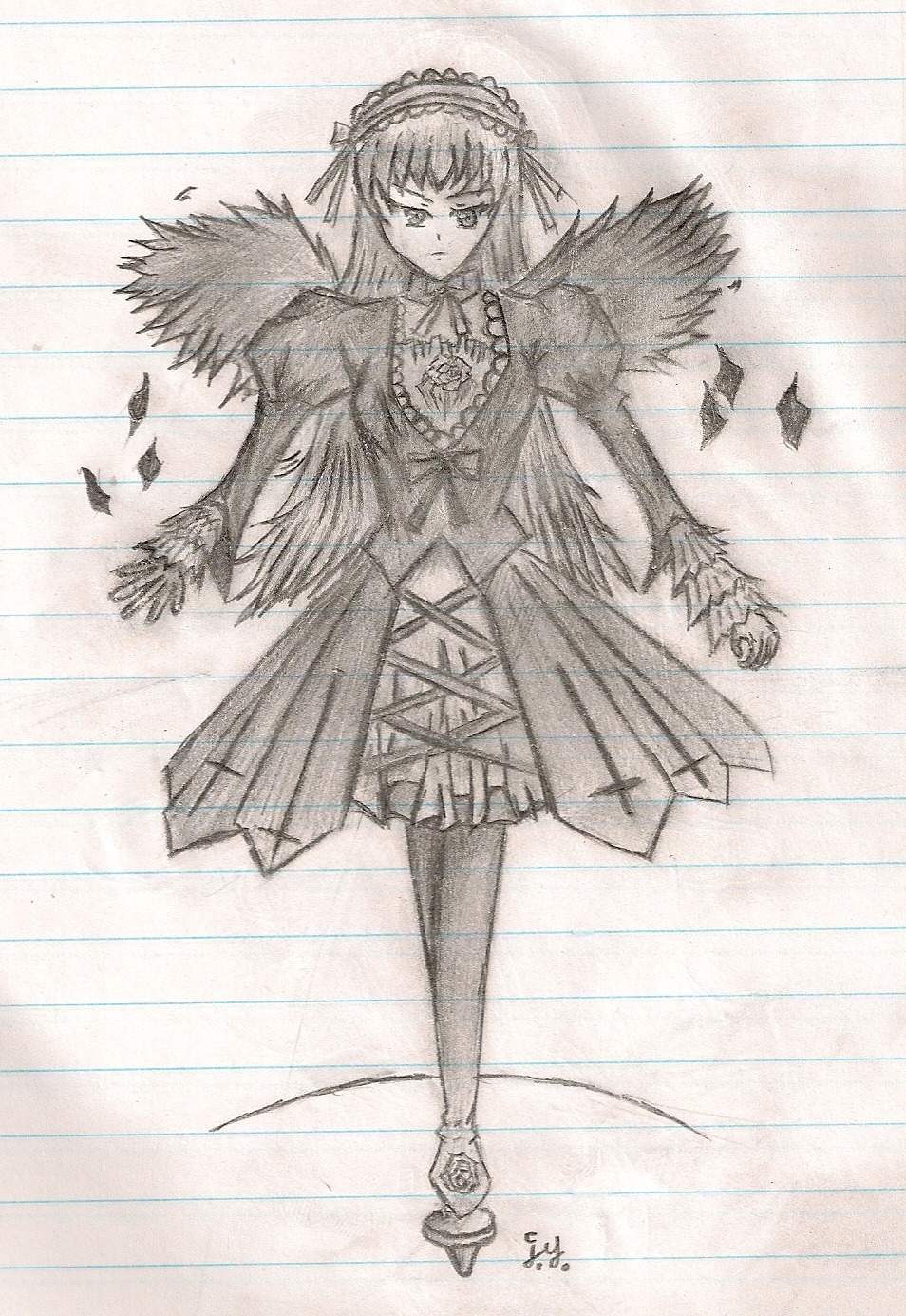 1girl dress frills full_body greyscale hairband image long_hair long_sleeves looking_at_viewer monochrome rose solo standing suigintou wings