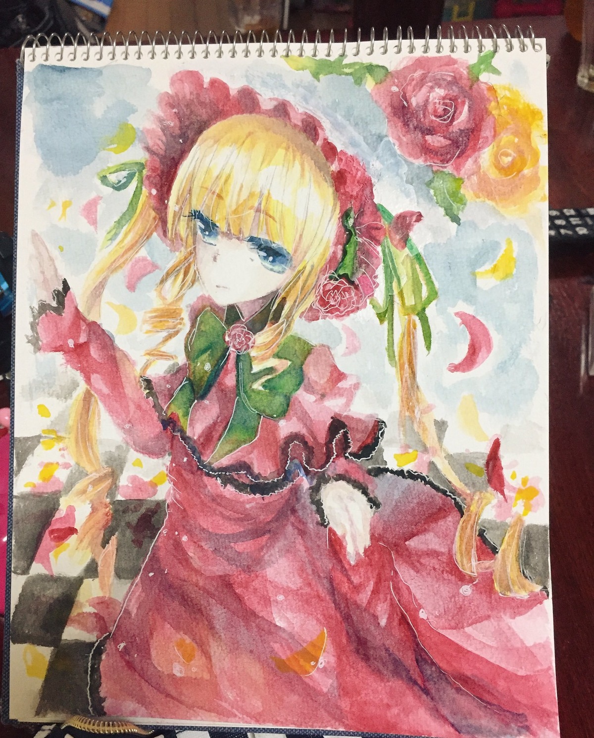 1girl bangs blonde_hair blue_eyes bonnet bow bowtie dress flower frills image long_hair looking_at_viewer marker_(medium) petals photo pink_flower red_flower red_rose rose rose_petals shikishi shinku solo traditional_media watercolor_(medium)
