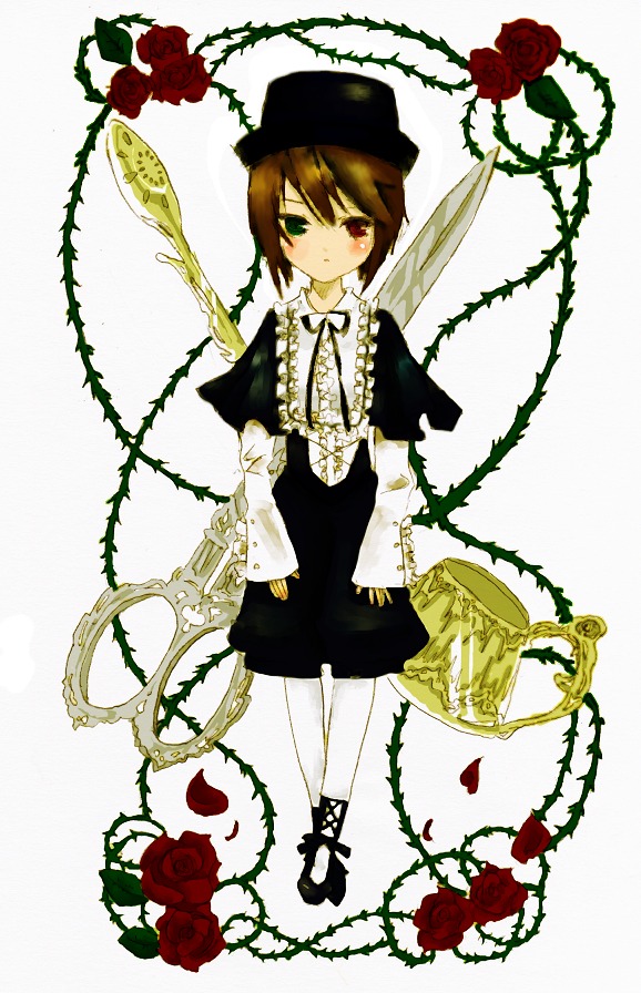 1girl brown_hair dress flower green_eyes hat heterochromia image long_sleeves pantyhose plant red_eyes red_flower red_rose rose short_hair solo souseiseki suiseiseki thorns vines watering_can white_legwear