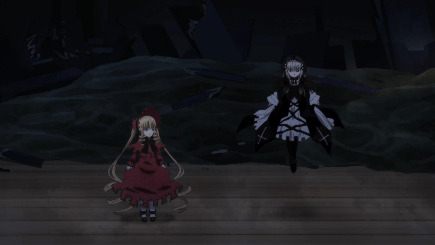 2girls blonde_hair bow dress image long_hair multiple_girls pair shinku standing suigintou