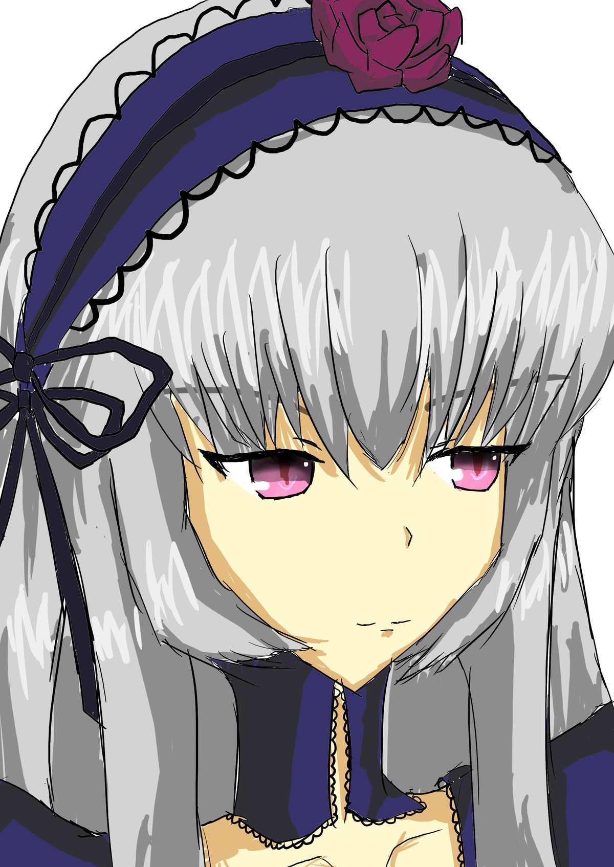 1girl closed_mouth dress flower frills hairband image long_hair looking_at_viewer red_flower ribbon rose silver_hair simple_background solo suigintou white_background