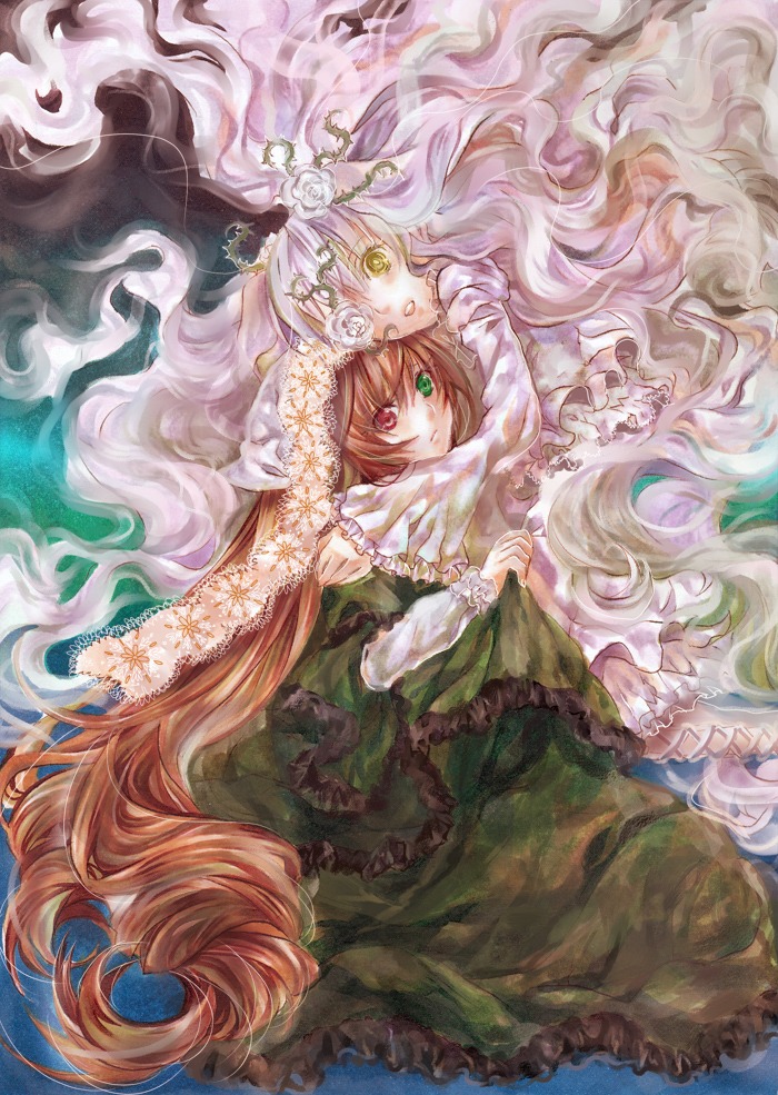 2girls absurdly_long_hair brown_hair dress flower frills green_eyes hair_flower heterochromia image kirakishou long_hair multiple_girls pair pink_eyes pink_hair red_eyes rose suiseiseki very_long_hair wavy_hair yellow_eyes
