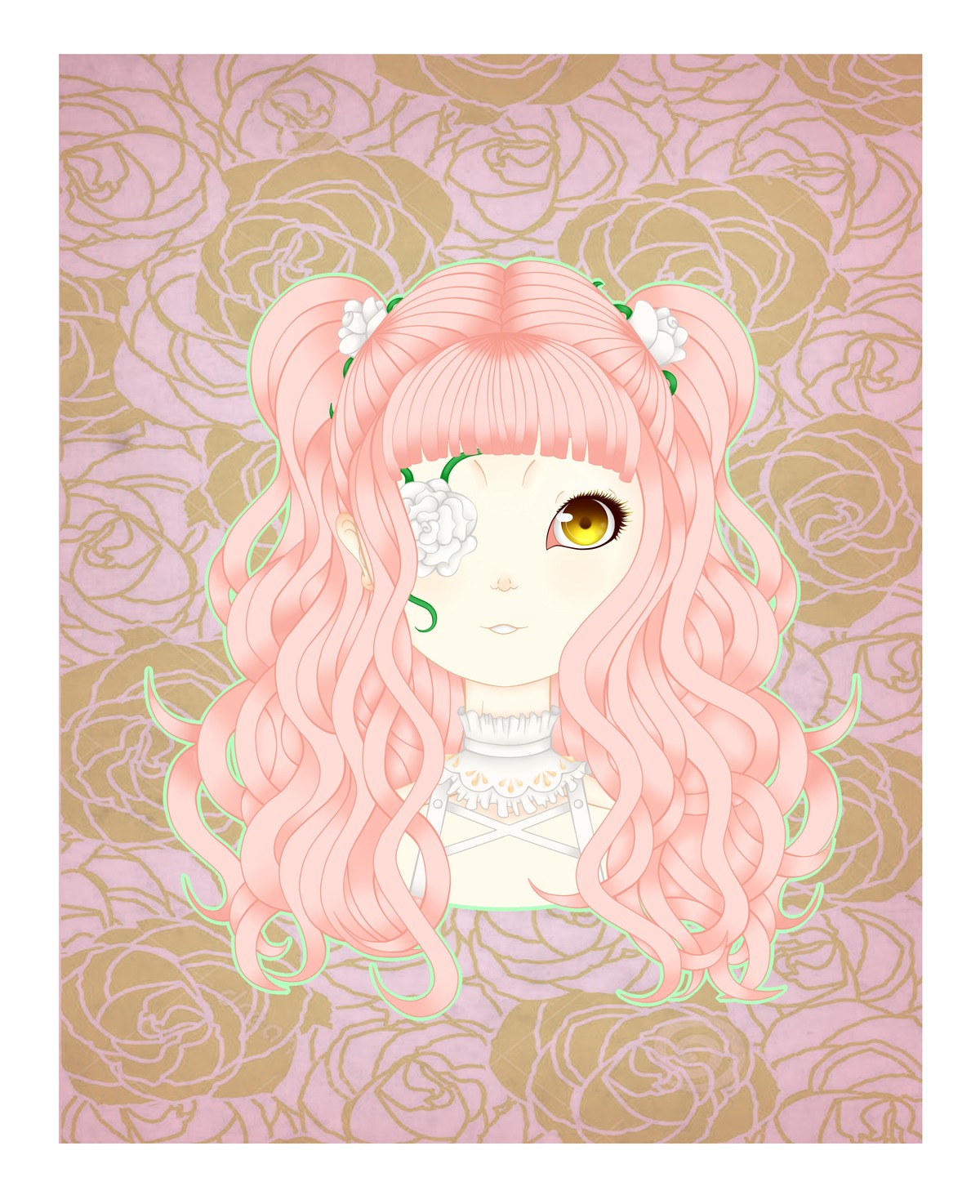 1girl bangs flower hair_flower hair_ornament image kirakishou long_hair pink_hair rose solo thorns vines white_flower yellow_eyes