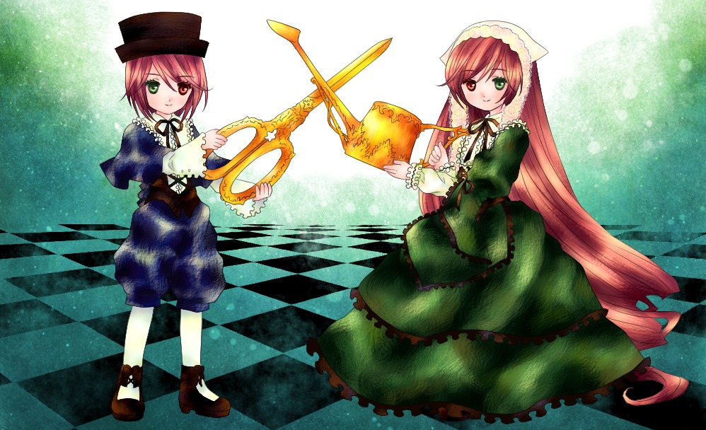 2girls argyle argyle_background brown_hair checkered checkered_background checkered_floor chess_piece dress frills green_dress green_eyes hat head_scarf heterochromia image long_hair multiple_girls pair perspective red_eyes short_hair siblings sisters souseiseki suiseiseki tile_floor tiles top_hat twins very_long_hair