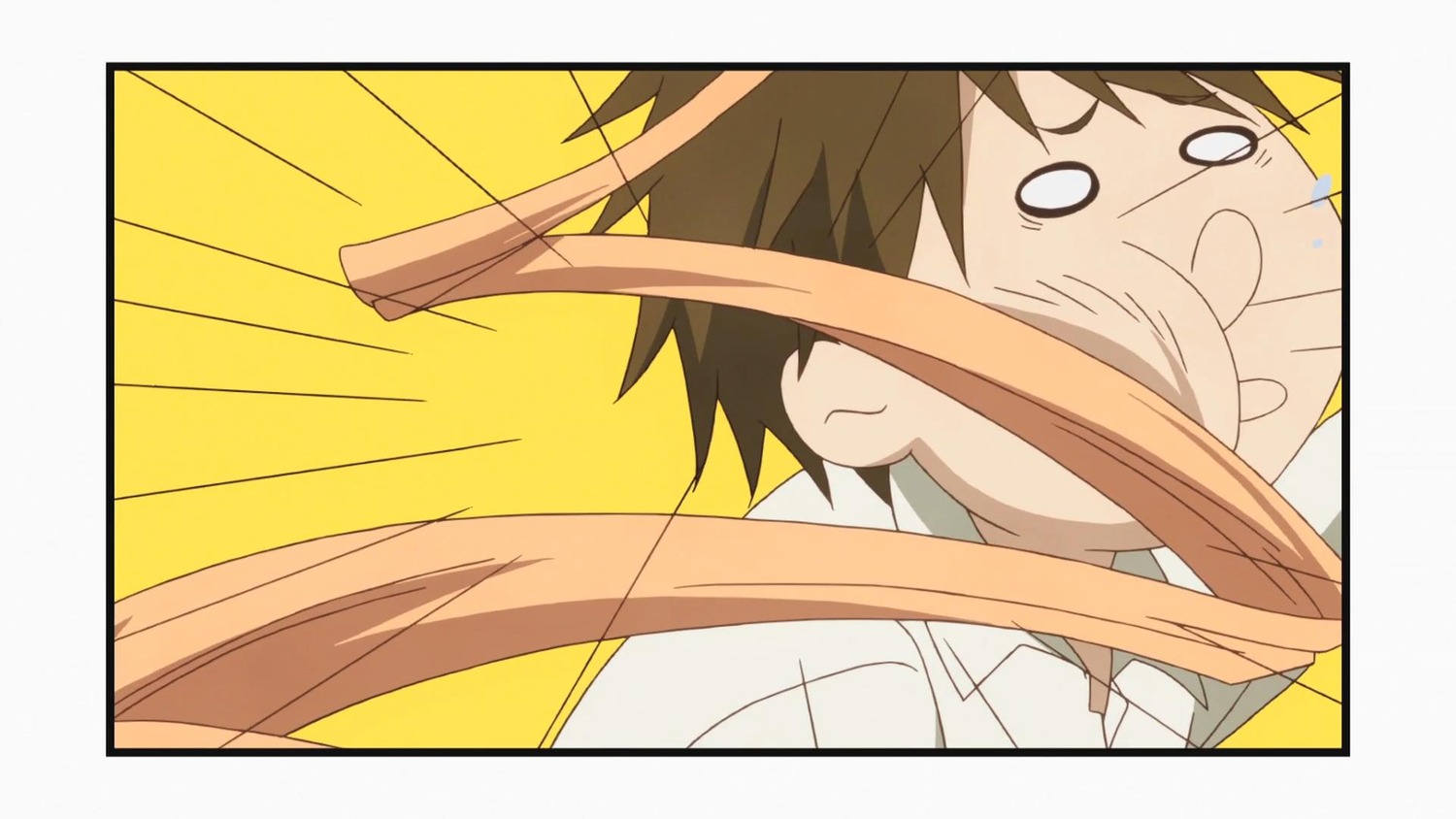 1girl brown_hair closed_mouth emphasis_lines human sakurada_jun screenshot simple_background smile solo