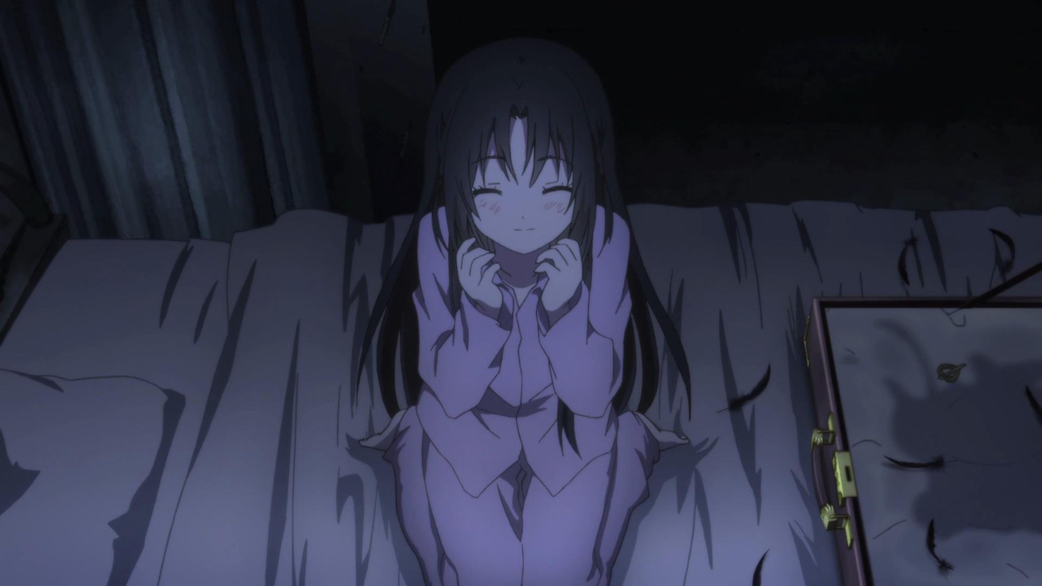 1girl bed black_hair blush closed_eyes curtains dark human image indoors kakizaki_megu long_hair night pajamas screenshot sitting solo