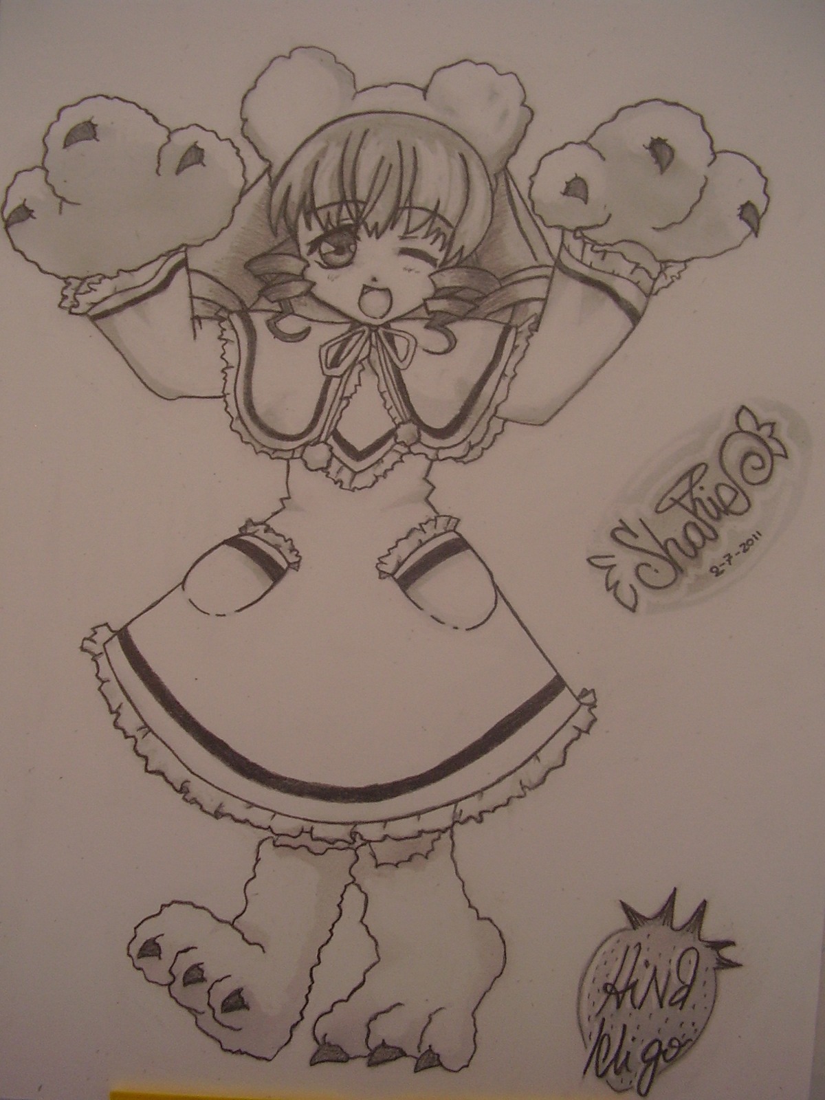 1girl ;d animal_ears claws dress fang full_body hinaichigo image long_sleeves monochrome one_eye_closed open_mouth paw_gloves paws photo simple_background smile solo standing traditional_media