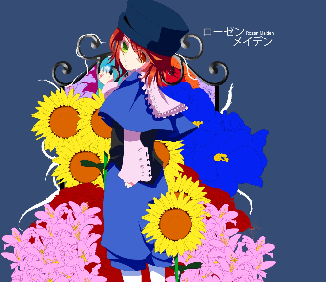 2girls auto_tagged flower green_eyes hat image multiple_girls pair red_eyes red_hair short_hair skirt souseiseki suiseiseki sunflower yellow_flower
