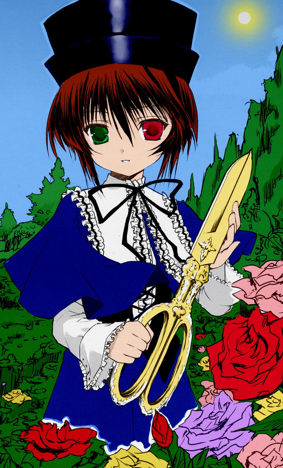 1girl auto_tagged dress flower frills full_moon green_eyes hat heterochromia image long_sleeves looking_at_viewer moon night outdoors red_eyes red_flower red_rose rose short_hair sky solo souseiseki watering_can