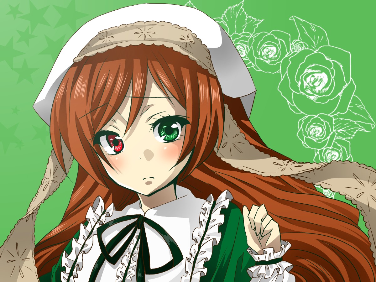 1girl blush brown_hair dress flower frills green_background green_eyes hairband hat heterochromia image lolita_fashion long_hair long_sleeves looking_at_viewer red_eyes ribbon rose solo star_(symbol) suiseiseki